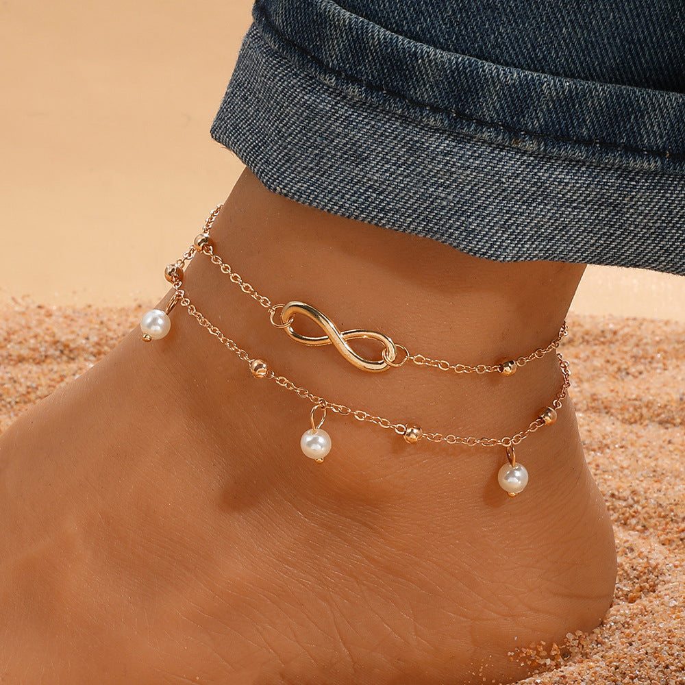 Layered Pearl Infinity Anklet Set - Gold Chain Beach Jewelry