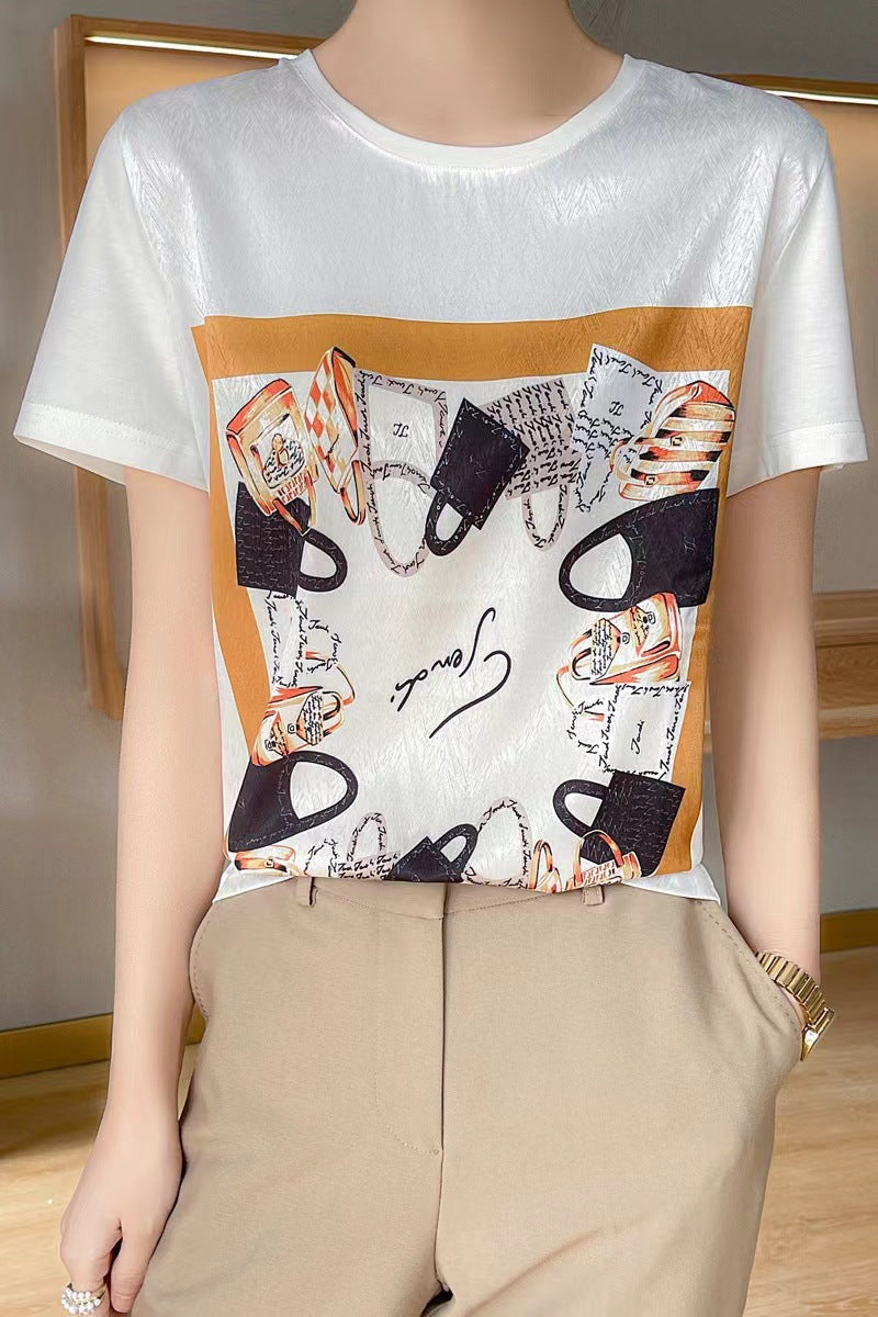 Silk T-shirt women's round neck knitted silk print pattern short sleeve