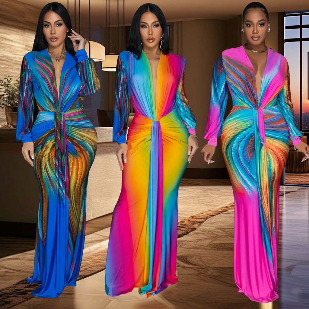 European and American fashion women's dress, pleats, color-blocked casual dresses, long
