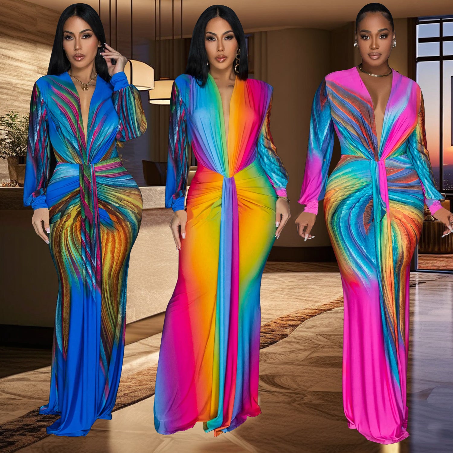 European and American fashion women's dress, pleats, color-blocked casual dresses, long