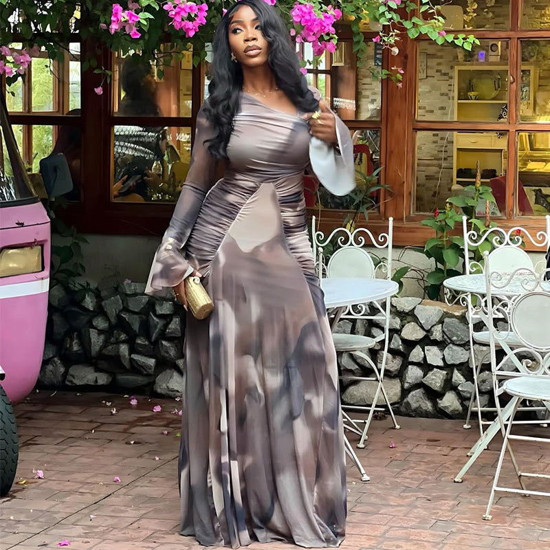 Elegant Ruched Maxi Dress - Off Shoulder Long Sleeve Evening Gown | MTS-Glamour