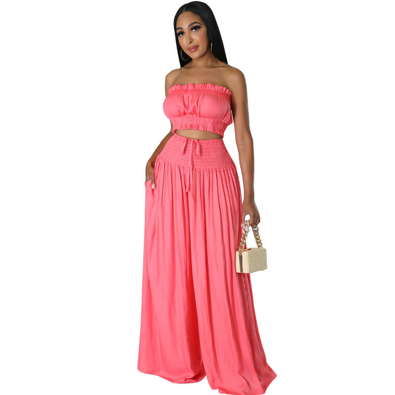 Women’s 2-Piece Wide Leg Summer Set – Strapless Crop Top & High Waist Pants