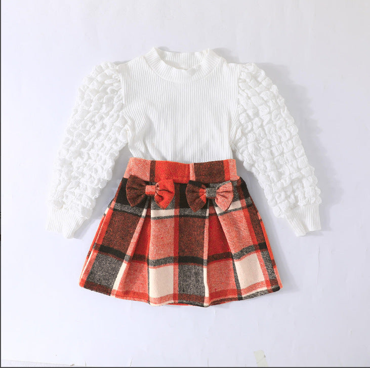New puff sleeve top + plaid skirt European and American cross-border girls' fashion