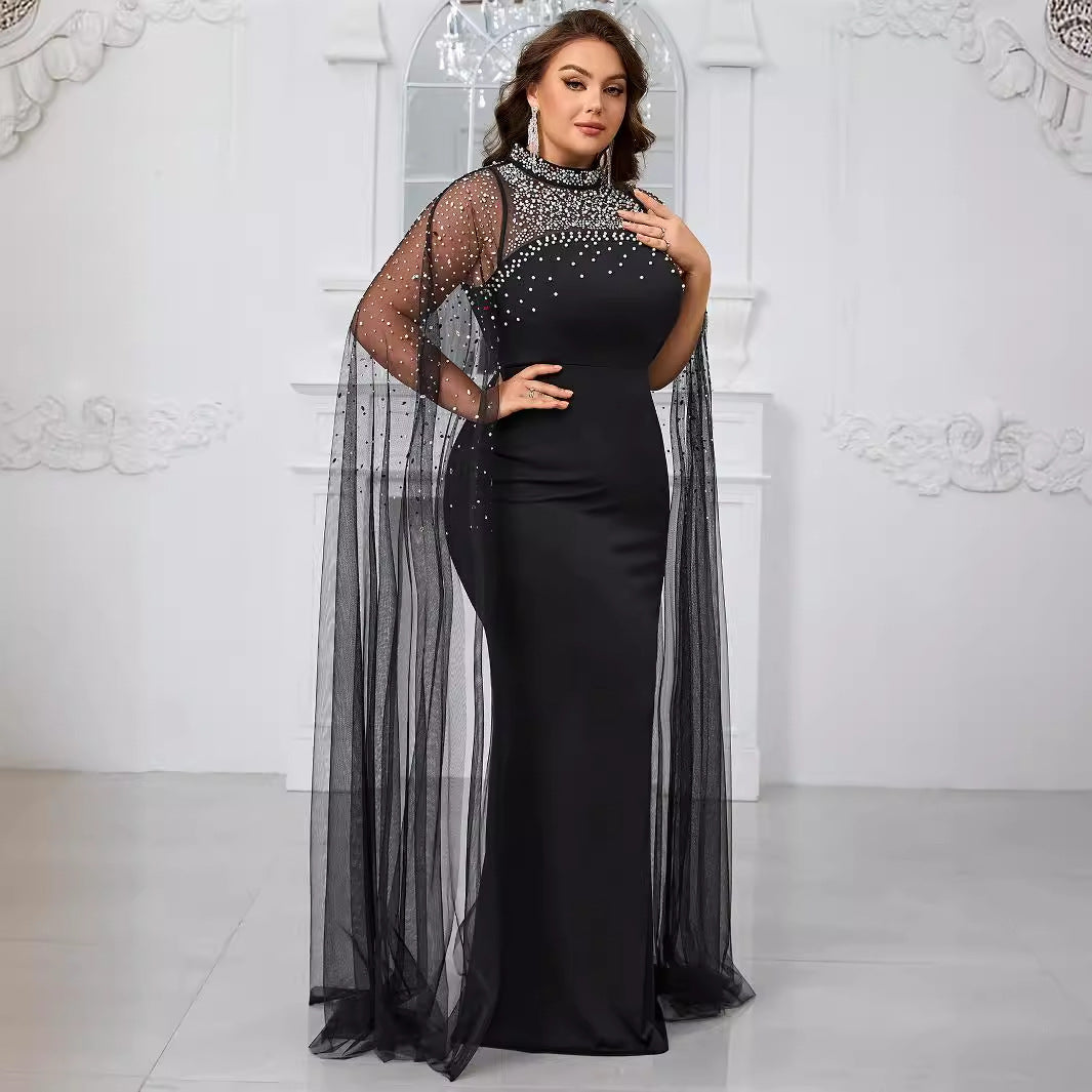 Women Plus Size Prom Evening Dress High Neck Beaded Hot Diamond Evening Dress Slim Fit Elegant Banquet Dress - FSSN261