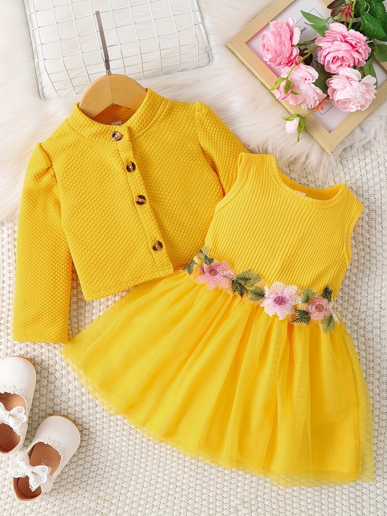 Pink Baby Girl Cardigan Dress Set - Floral Embroidered Tulle Outfit with Jacket