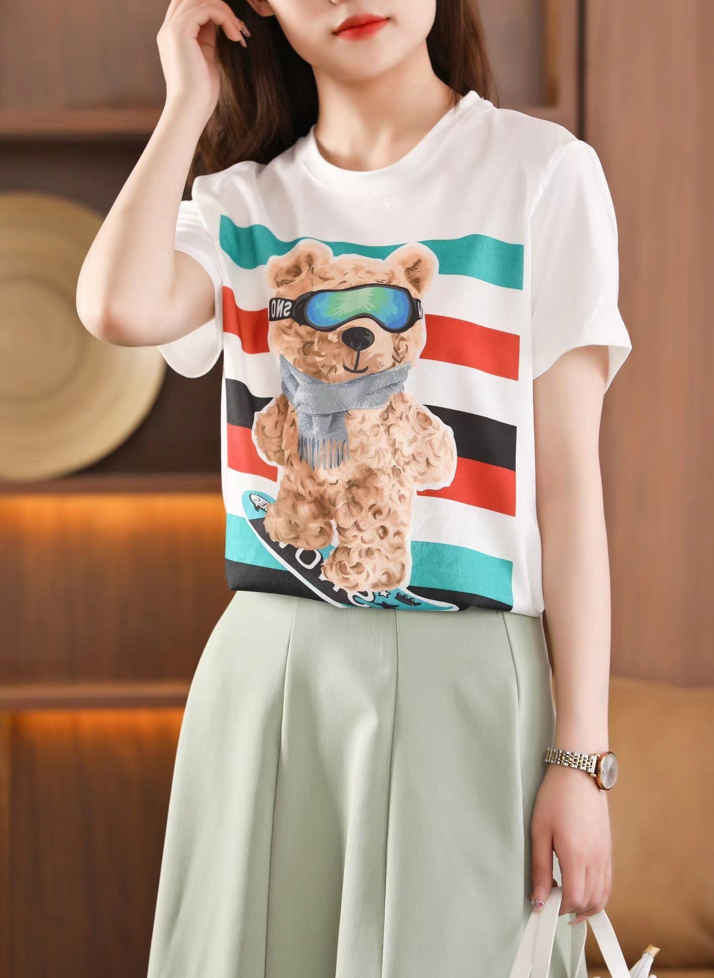 Silk T-shirt women's round neck knitted silk print pattern short sleeve