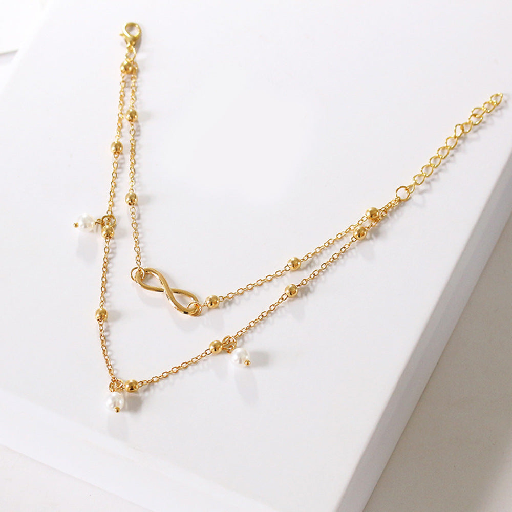 Layered Pearl Infinity Anklet Set - Gold Chain Beach Jewelry