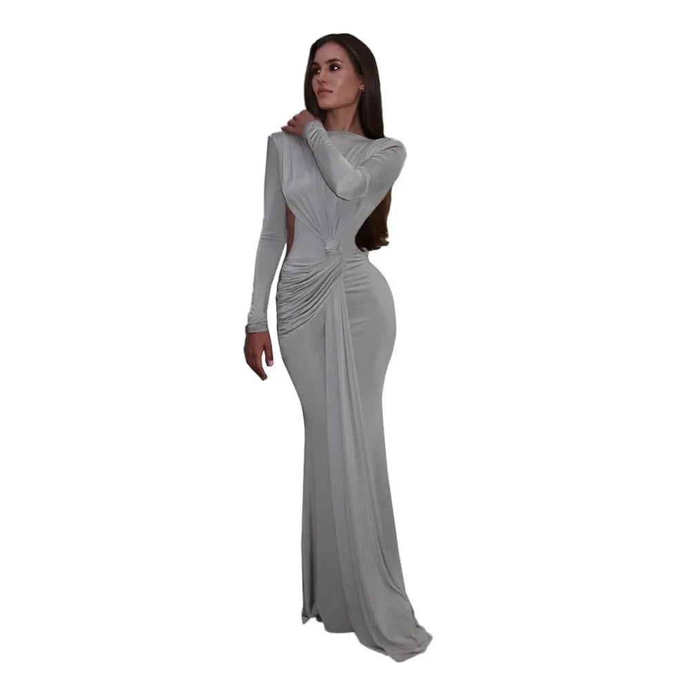 Elegant Long Sleeve Ruched Bodycon Evening Gown – Silver Floor-Length Dress