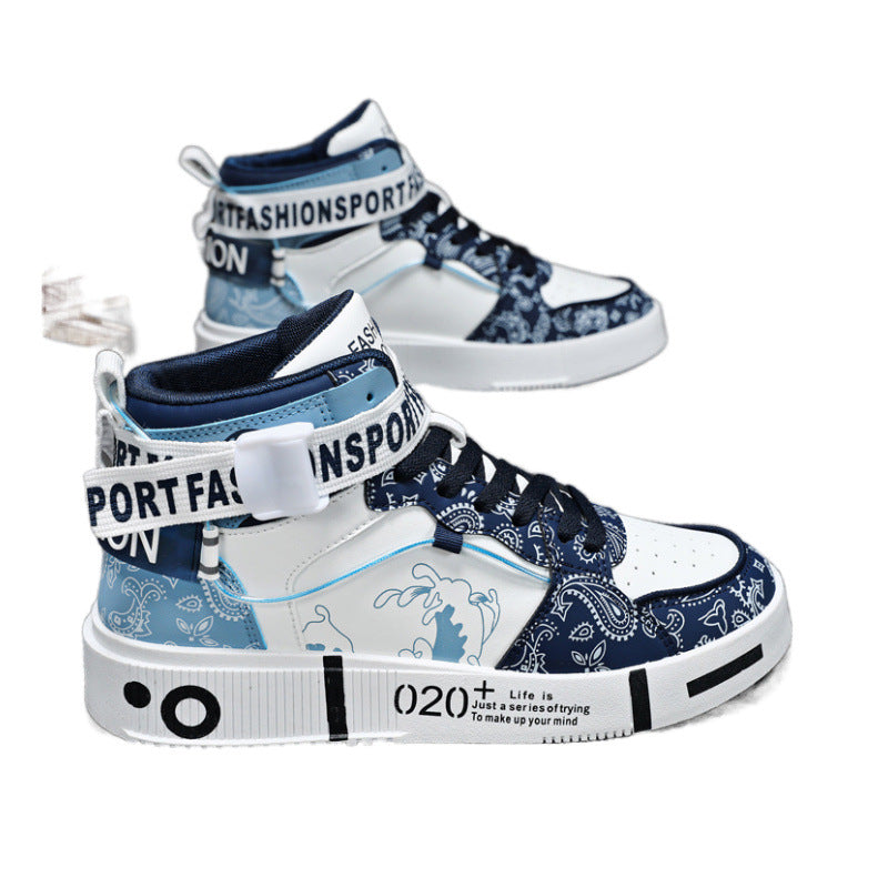 White High-Top Sneakers - Trendy Casual Shoes with Blue Accents