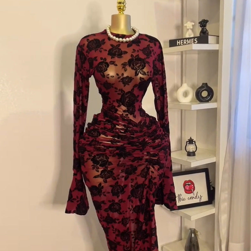Olive Floral Print Bodycon Dress - Long Sleeve Ruched Side Detail | MTS-Glamour