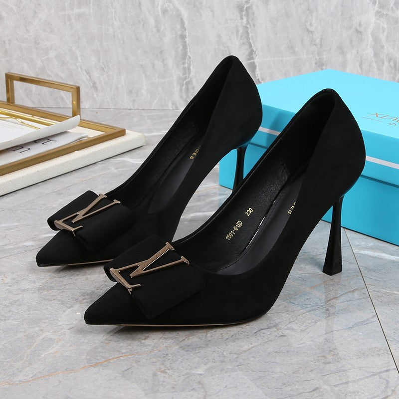Lufeni pointed suede stiletto heels 2024 spring new versatile shoes temperament goddess