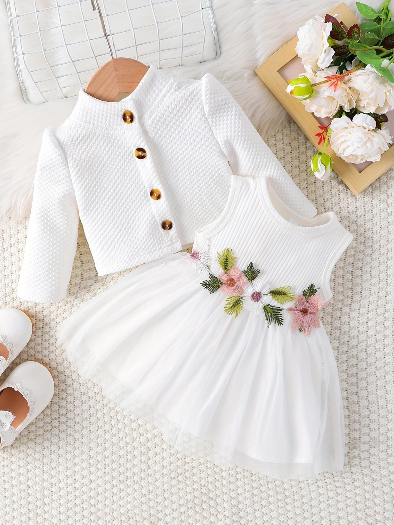 Pink Baby Girl Cardigan Dress Set - Floral Embroidered Tulle Outfit with Jacket