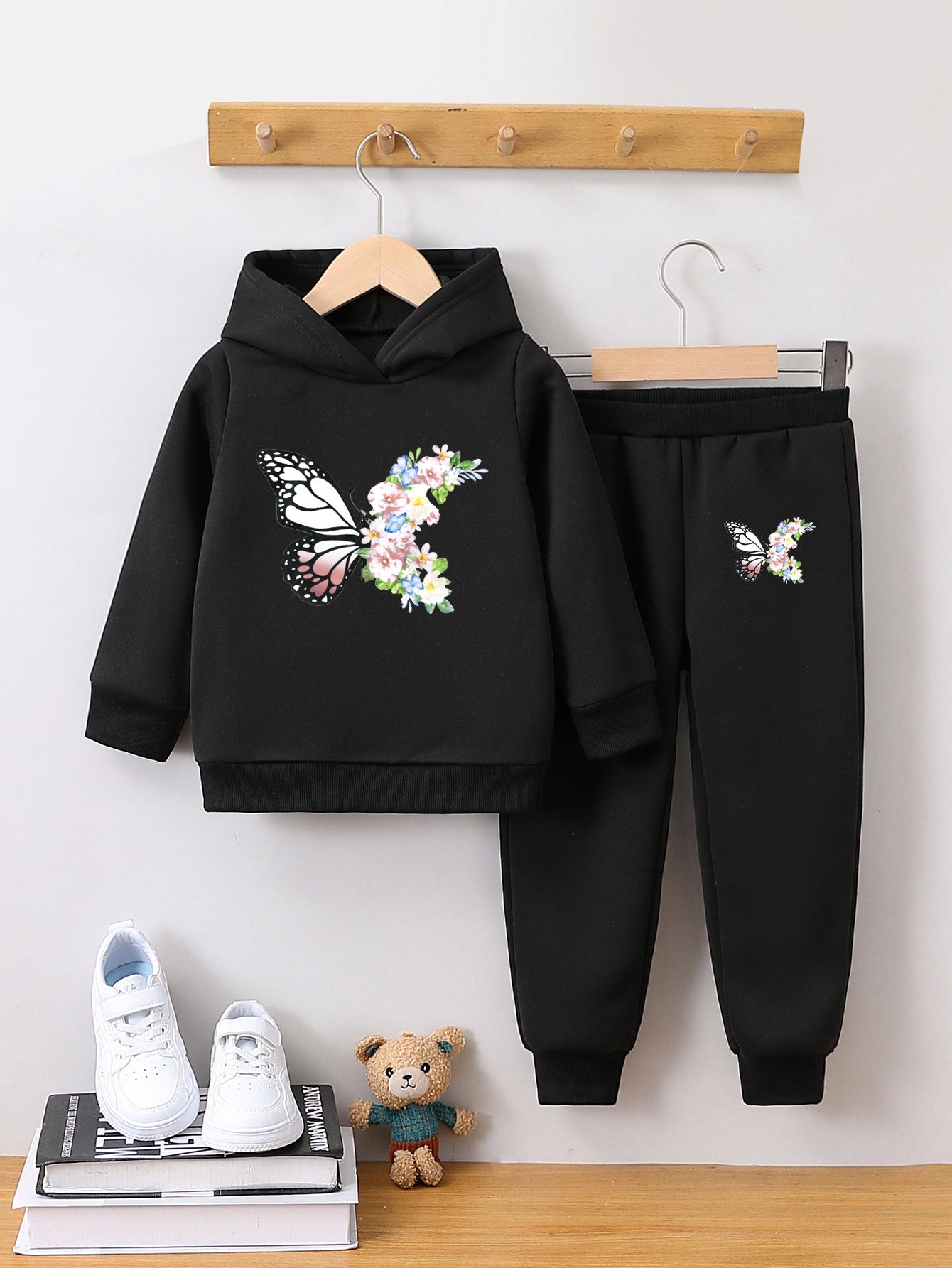 Sweatshirt two-piece butterfly print girl autumn and winter pullover set