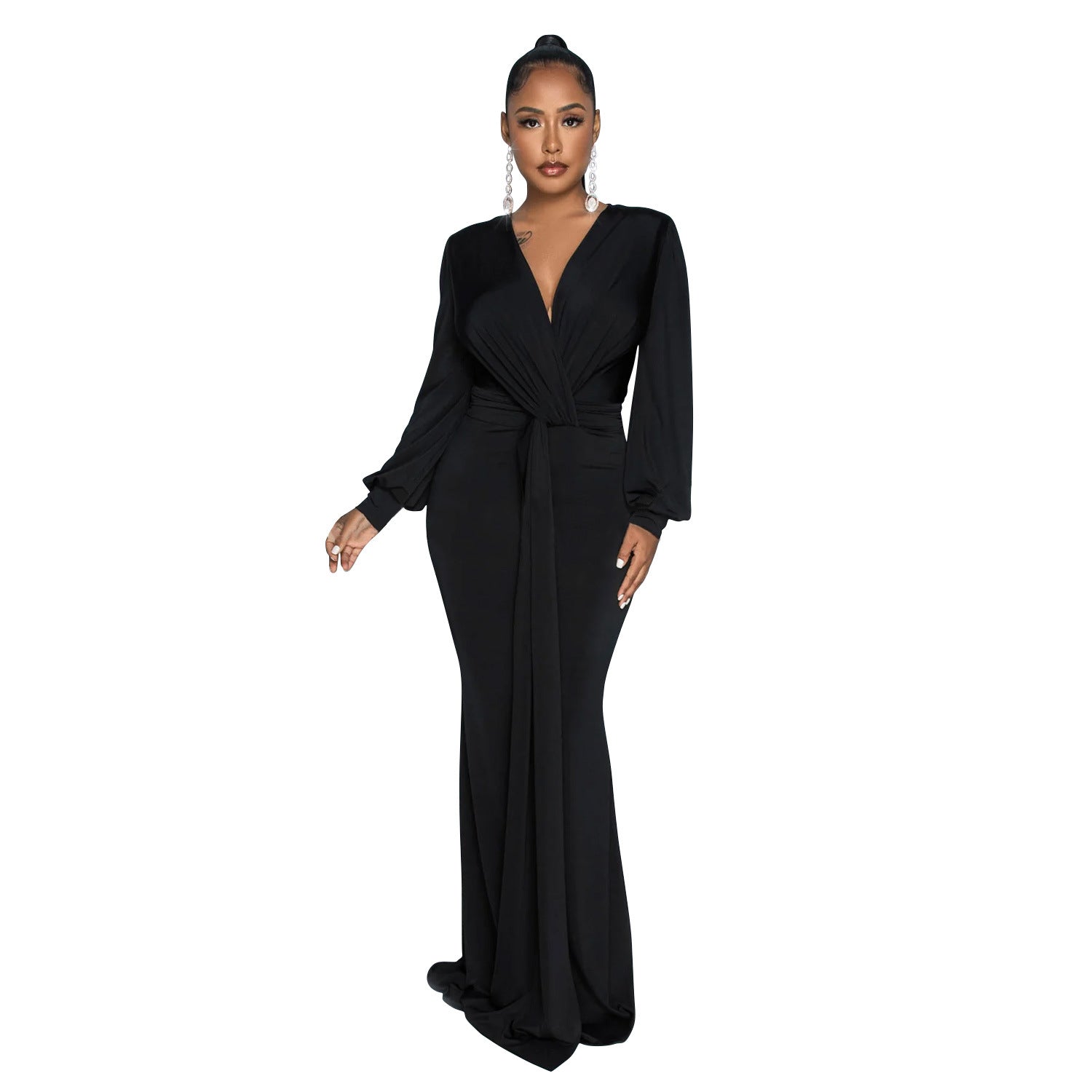 fashion women's solid color sexy deep V pleated long skirt dress women
