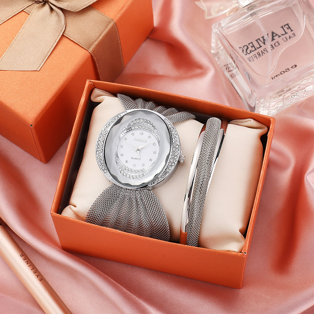 Luxury Gold Women's Watch Set - Crystal Mesh Strap Quartz Watch with Bracelet Gift Box