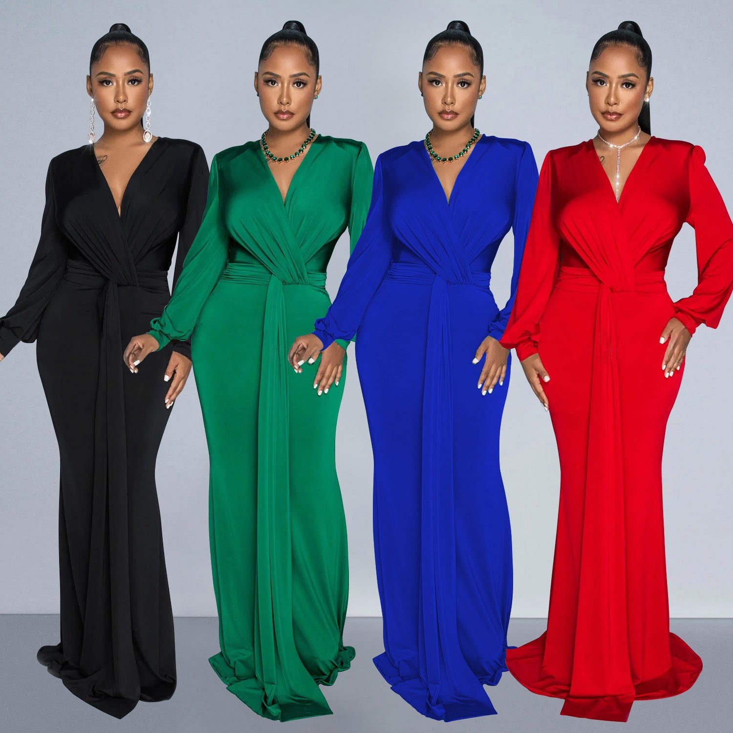 fashion women's solid color sexy deep V pleated long skirt dress women