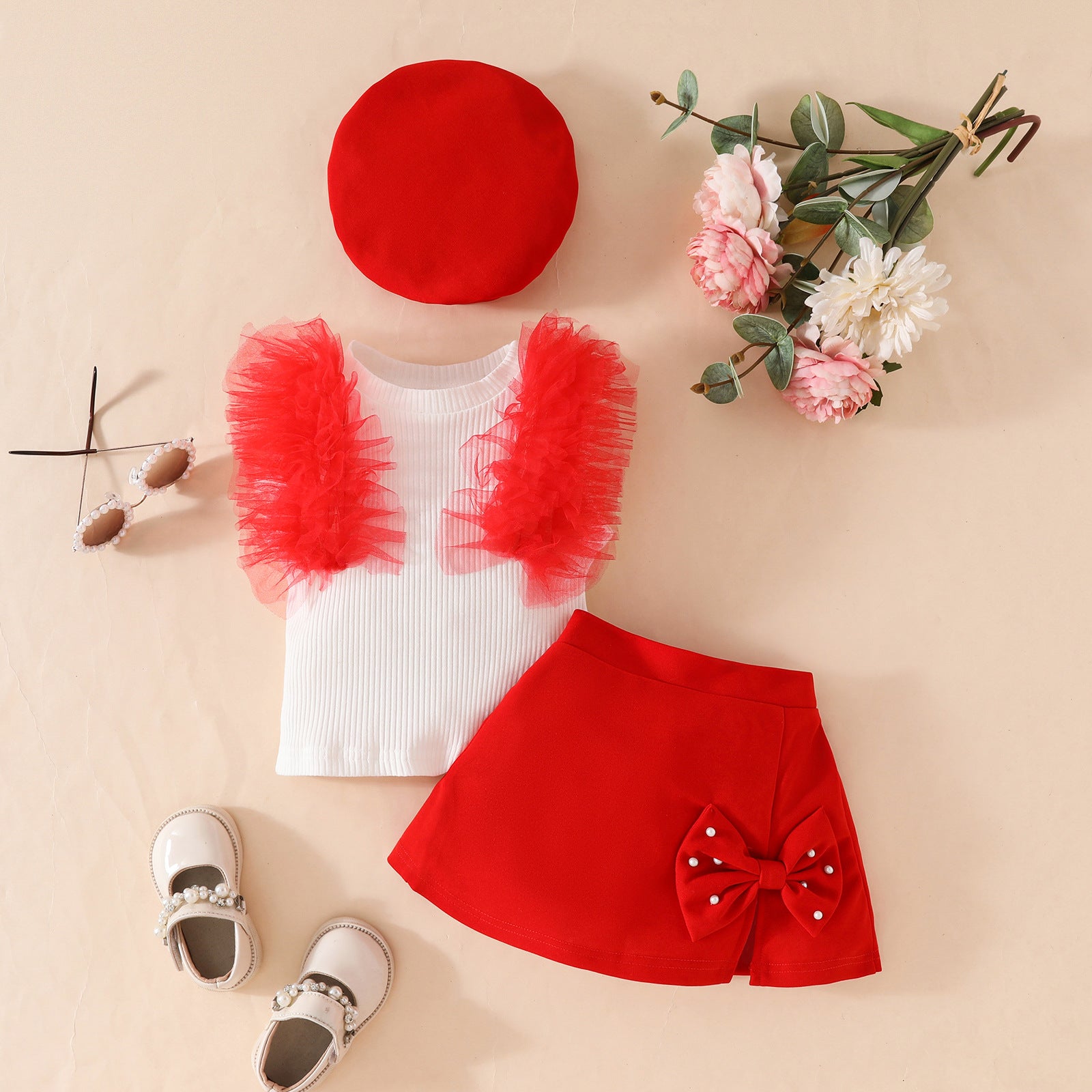Toddler girls sleeveless mesh pit strip top beret three-piece set