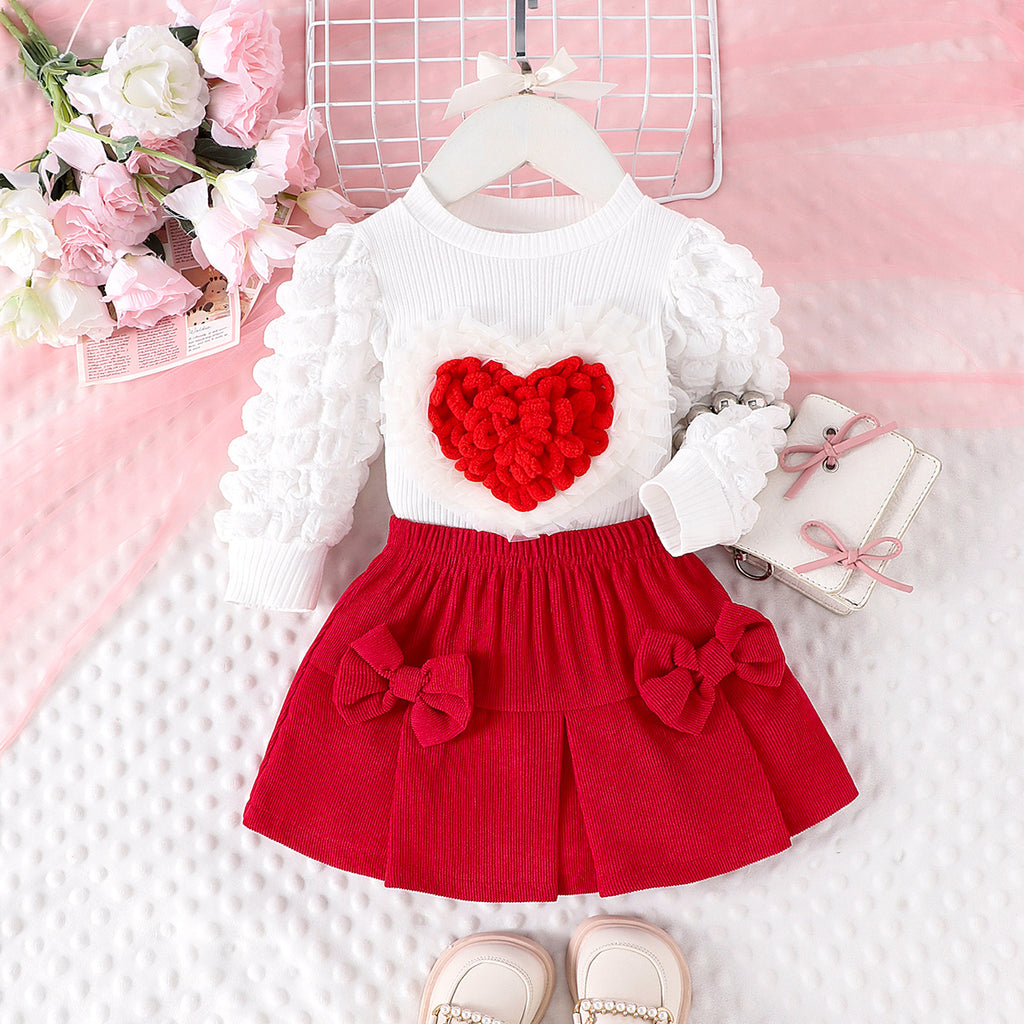 Children's suit puff sleeve love top + bow short skirt two-piece set