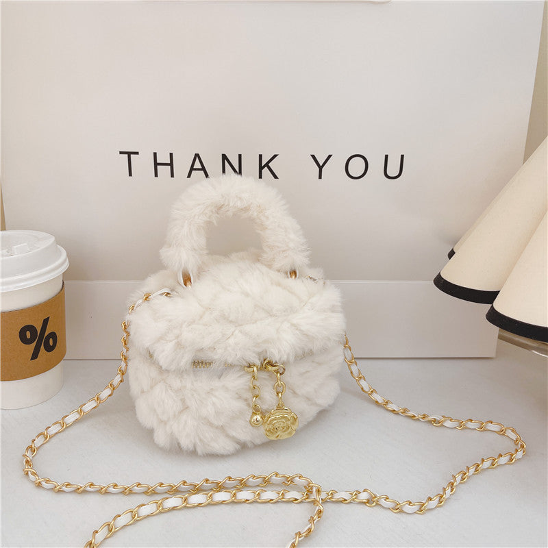 Cute Furry Mini Handbag for Kids Princess Style Chain Bag with Gold Accents