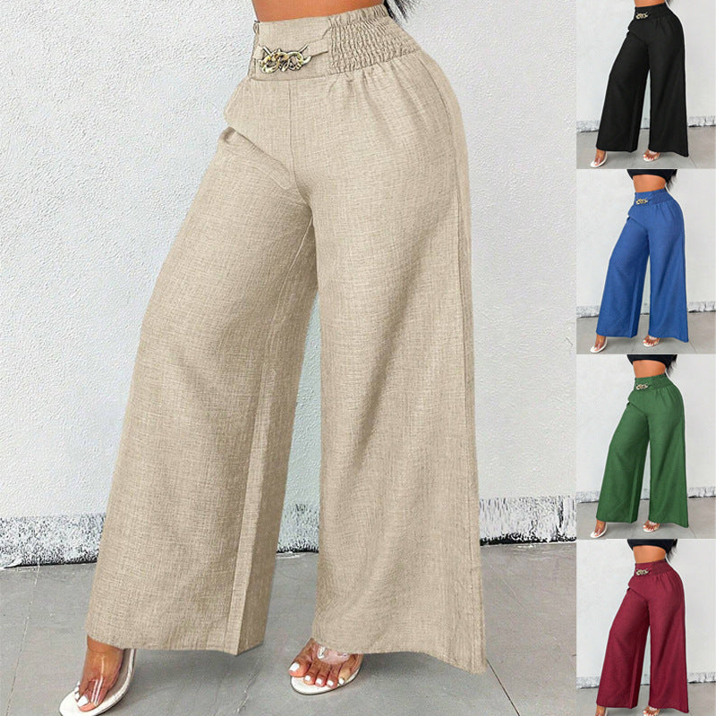 High-Waisted Wide Leg Trousers with Chain Detail - Women's Fashion Pants