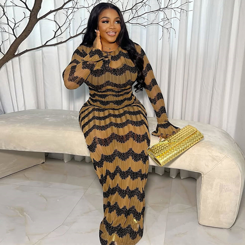 African Print Long Sleeve Bodycon Dress - Elegant Lace Pattern Evening Wear