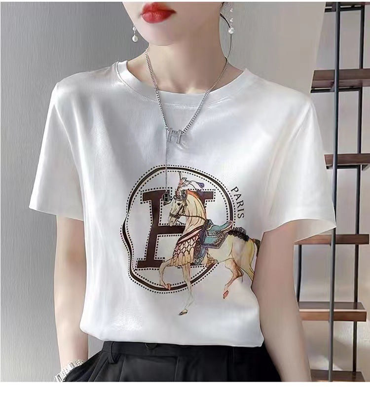 Silk T-shirt women's round neck knitted silk print pattern short sleeve