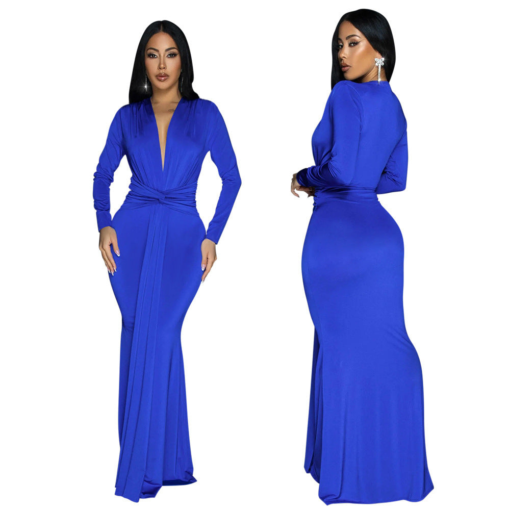 Europe and America Sexy Deep V Slim Long Sleeve Solid Color Dress Party