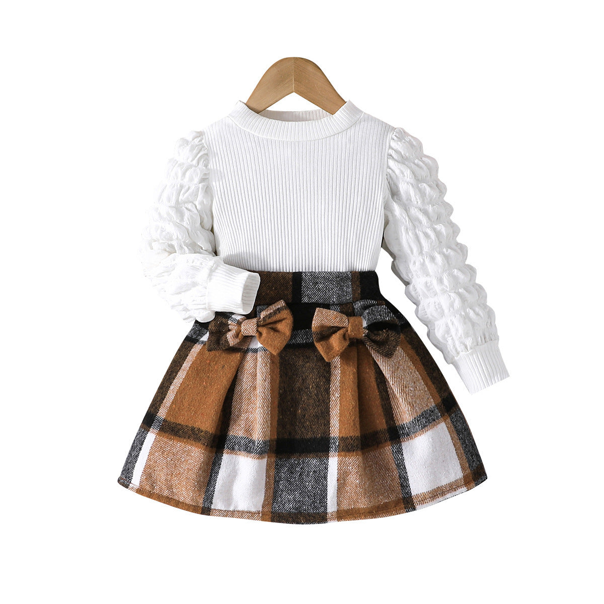 New puff sleeve top + plaid skirt European and American cross-border girls' fashion