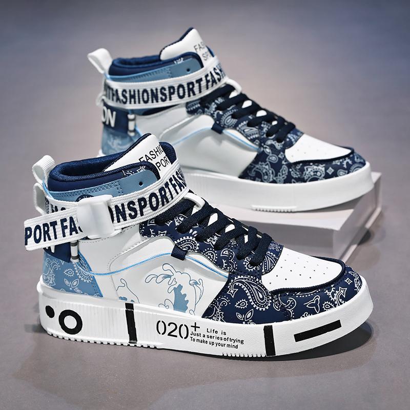 White High-Top Sneakers - Trendy Casual Shoes with Blue Accents