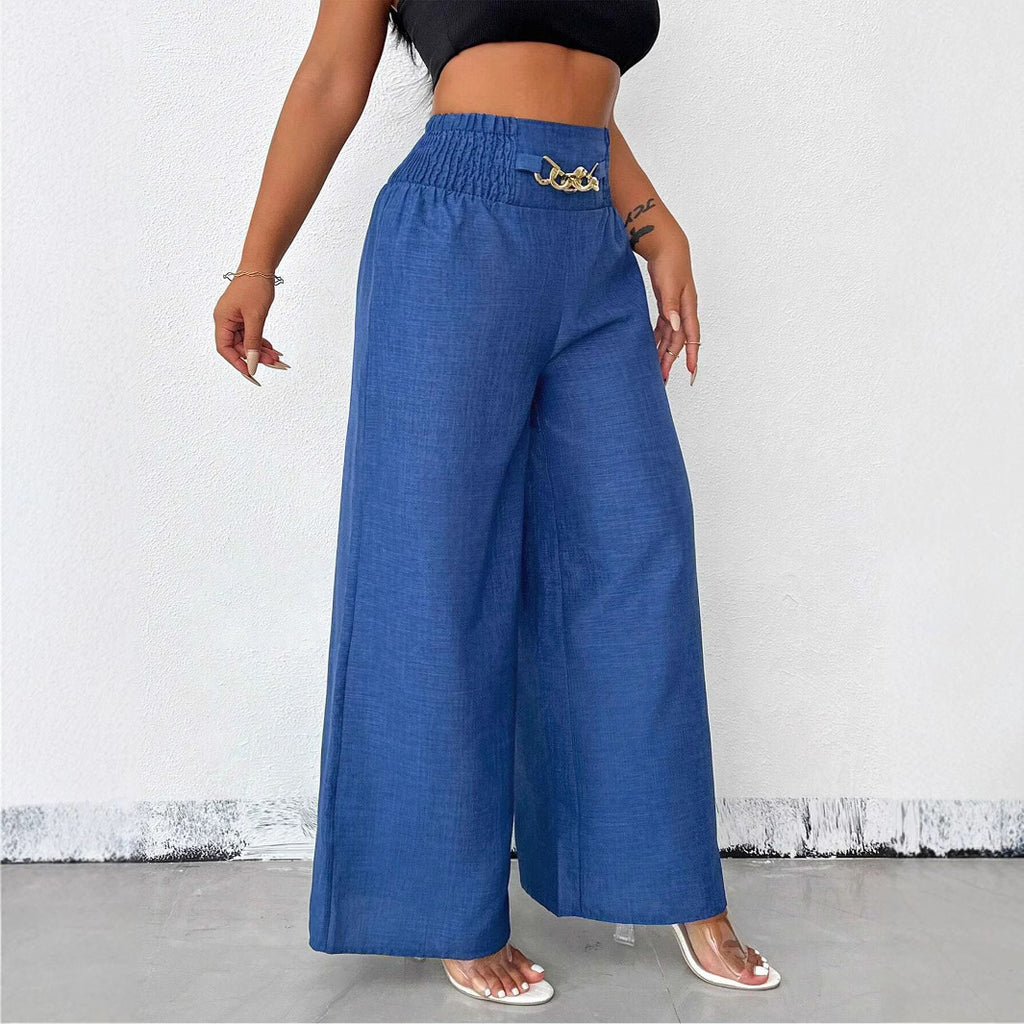 High-Waisted Wide Leg Trousers with Chain Detail - Women's Fashion Pants