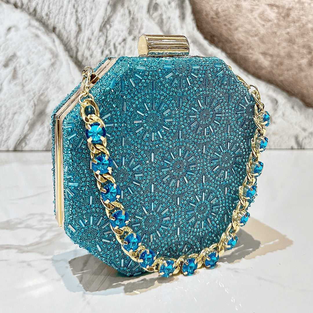 Cross border luxury hot diamond decoration blue dinner bag ladies personality mini handbag chain bag evening bag wholesale