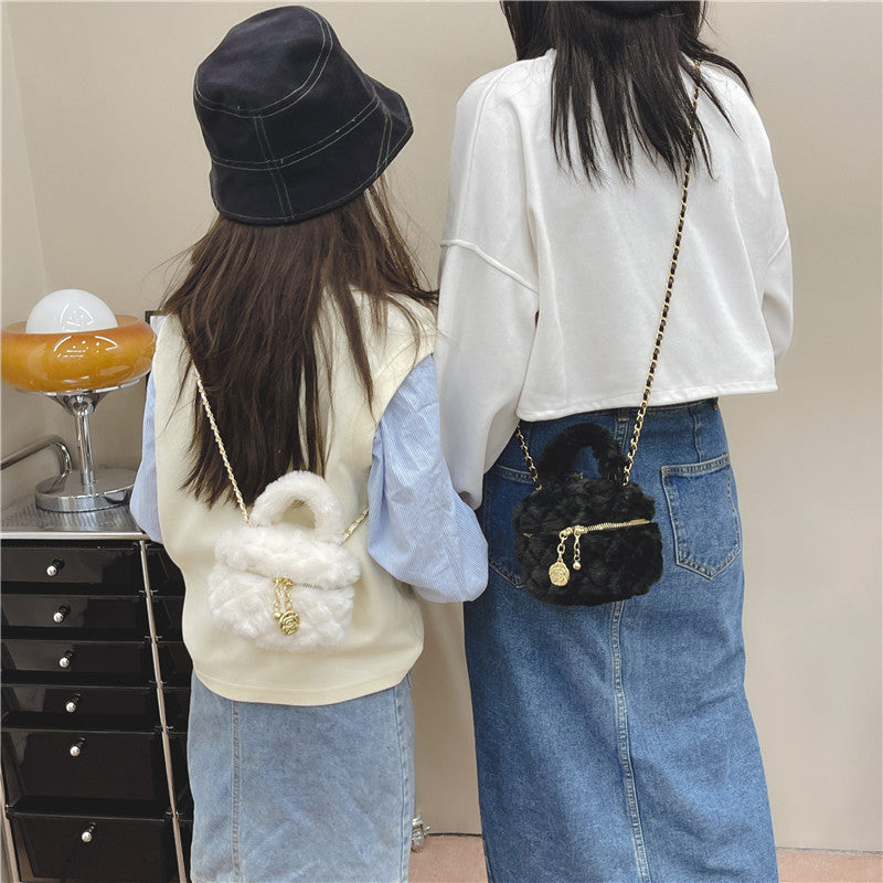 Cute Furry Mini Handbag for Kids Princess Style Chain Bag with Gold Accents