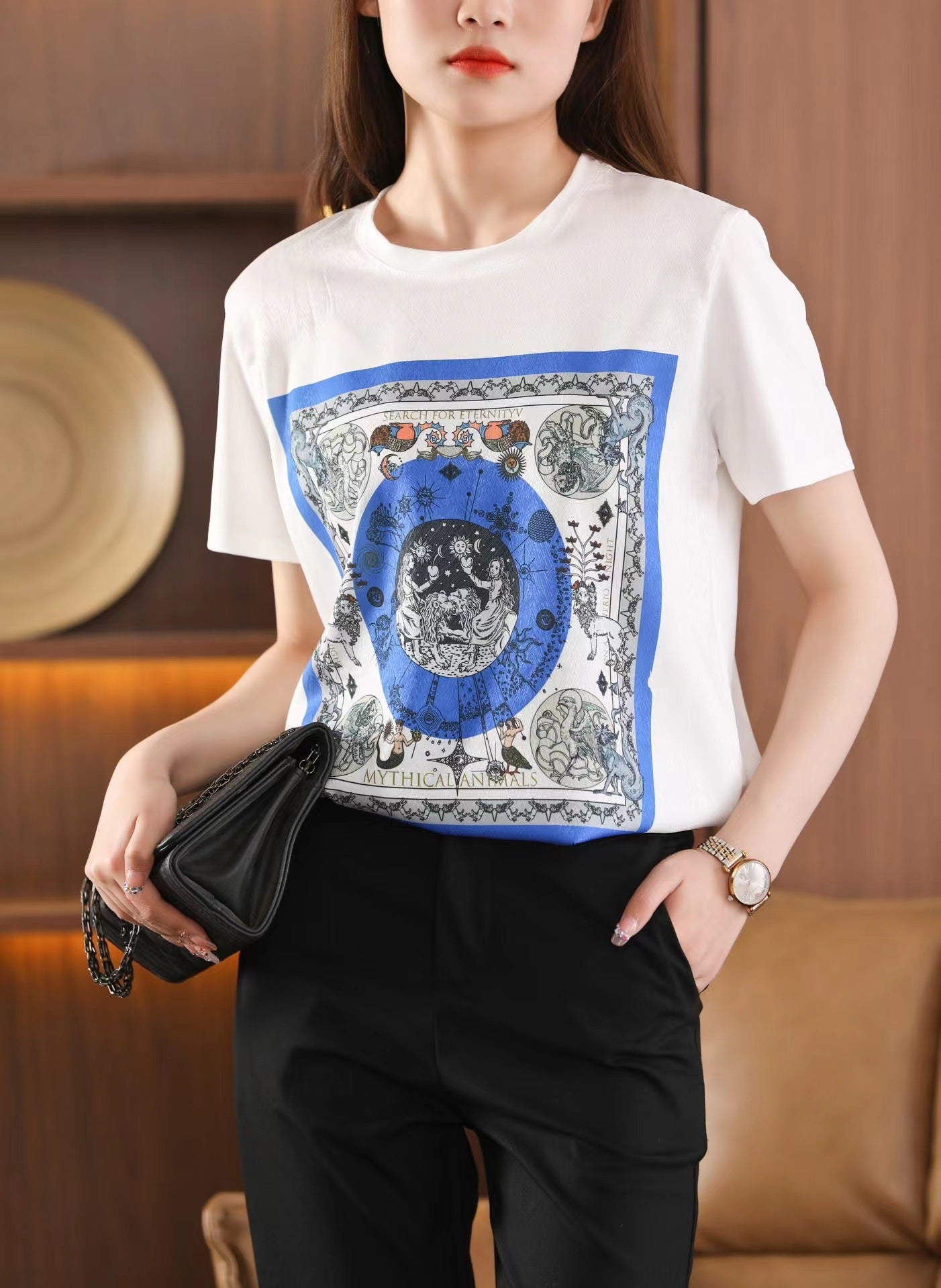 Silk T-shirt women's round neck knitted silk print pattern short sleeve