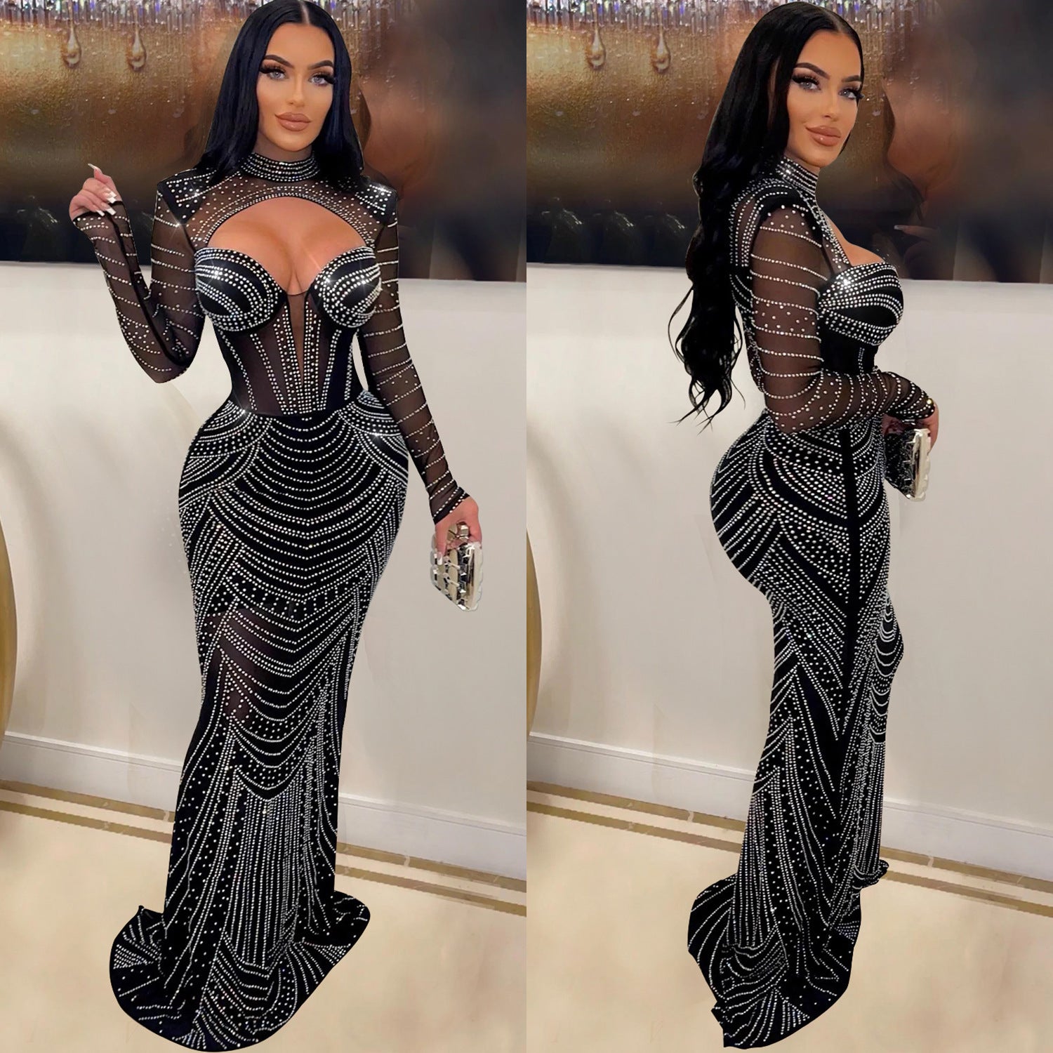 Cross-border summer European and American women's sexy mesh hot diamond