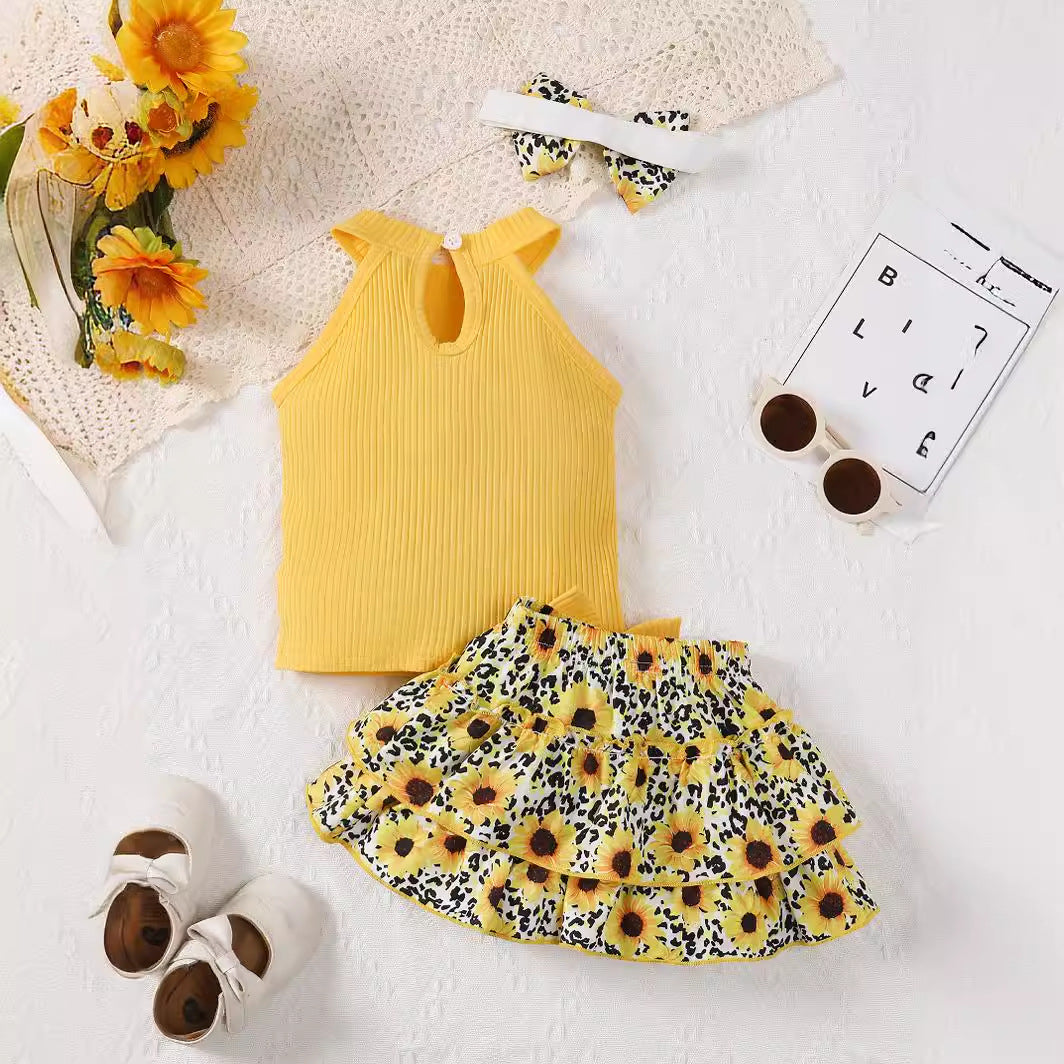 Girls' suits sleeveless off-the-shoulder tops, sunflower print skirts