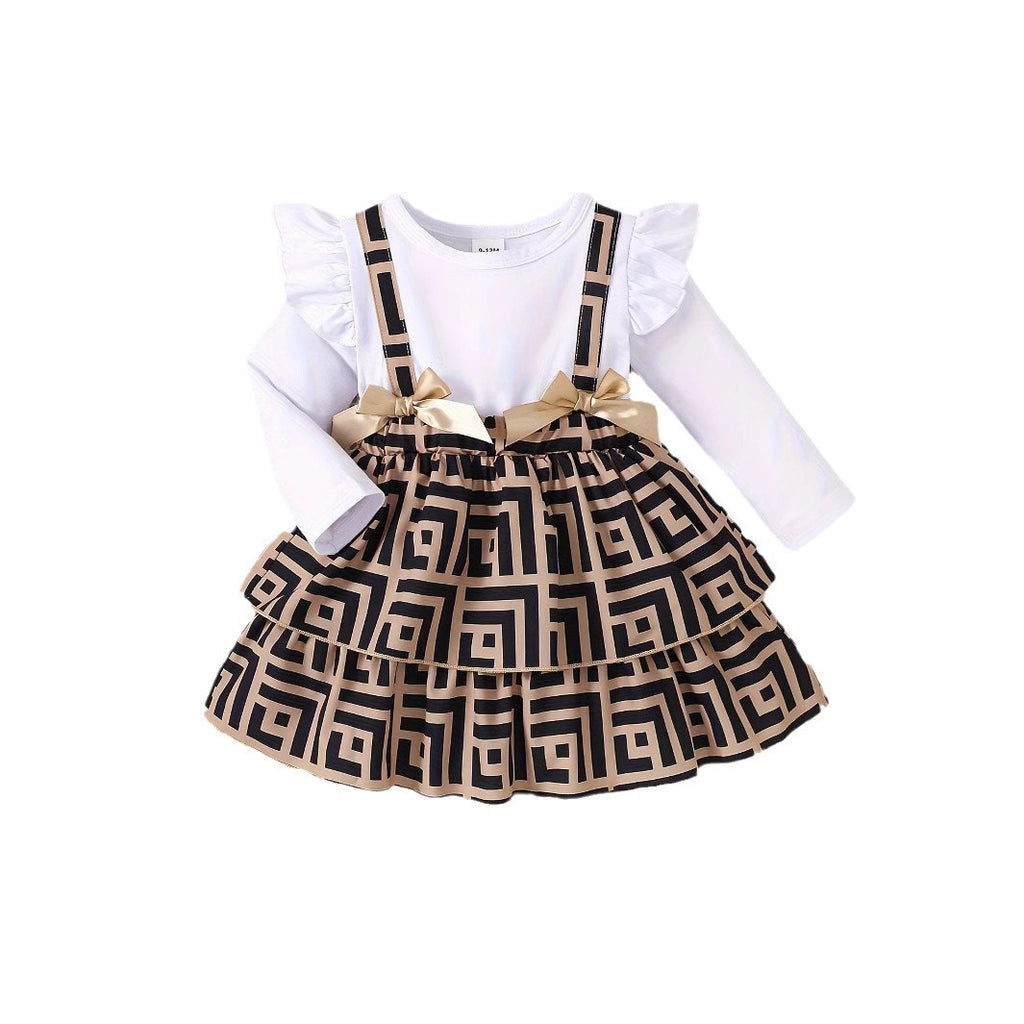 Spring and Autumn Baby Girl Round Neck Ruffles Long Sleeves Stitched Dress