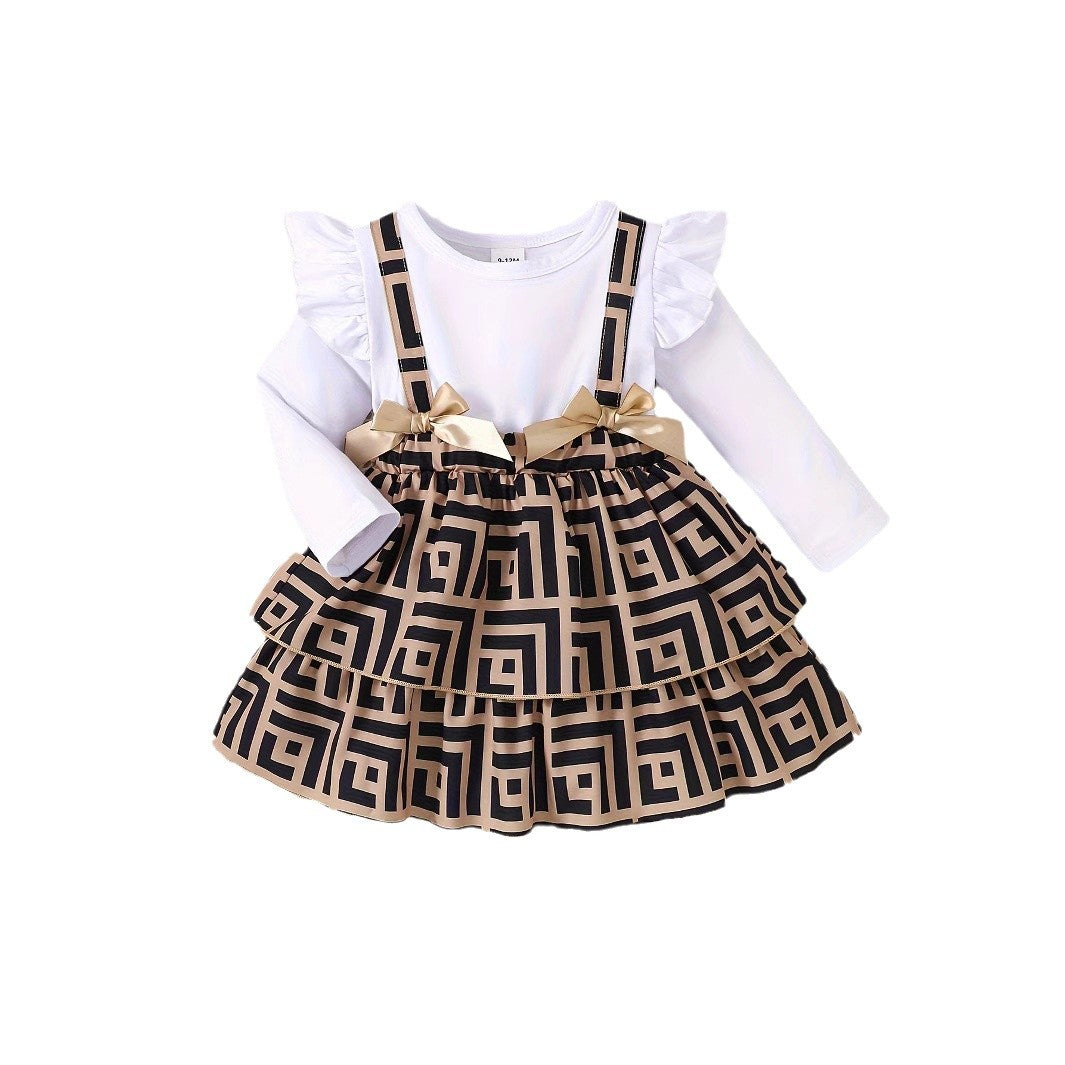 Spring and Autumn Baby Girl Round Neck Ruffles Long Sleeves Stitched Dress