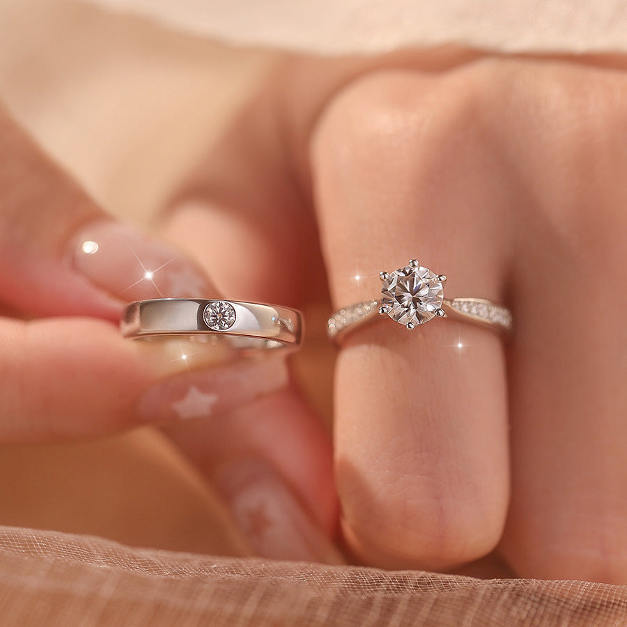 Imitation moissanite live mouth ring, couple ring, man and woman pair 1 carat diamond ring, wedding engagement and marriage proposal