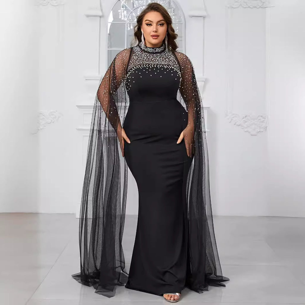 Women Plus Size Prom Evening Dress High Neck Beaded Hot Diamond Evening Dress Slim Fit Elegant Banquet Dress - FSSN261