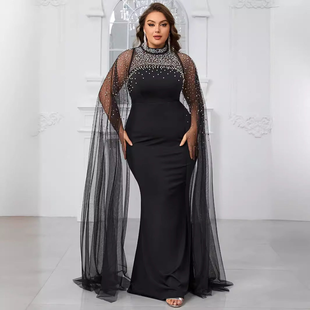 Women Plus Size Prom Evening Dress High Neck Beaded Hot Diamond Evening Dress Slim Fit Elegant Banquet Dress - FSSN261