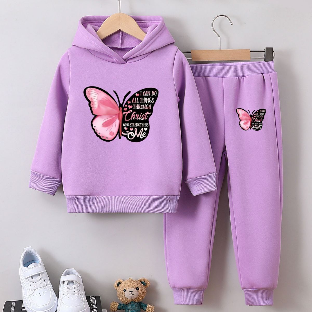Girls Butterfly Hoodie Set - Inspirational Christian Quote Sweatsuit for Kids