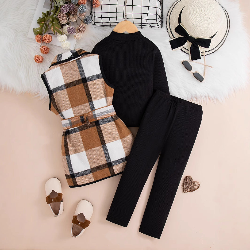 plaid lapel sleeveless long vest jacket + solid color pit strip half-high neck long-sleeved