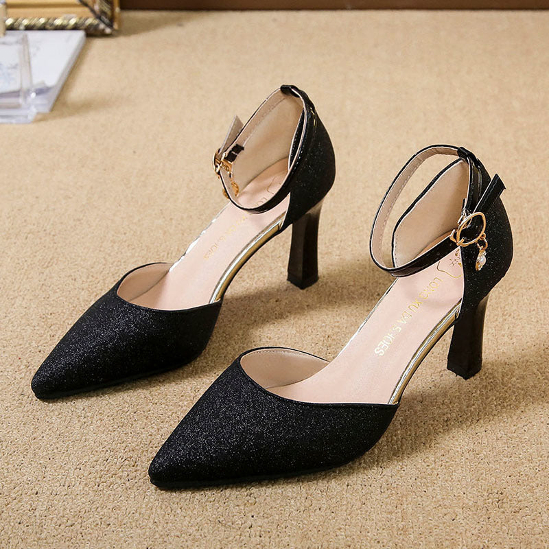 Slotted buckle, sequins, silver, versatile, sexy hollow shoes