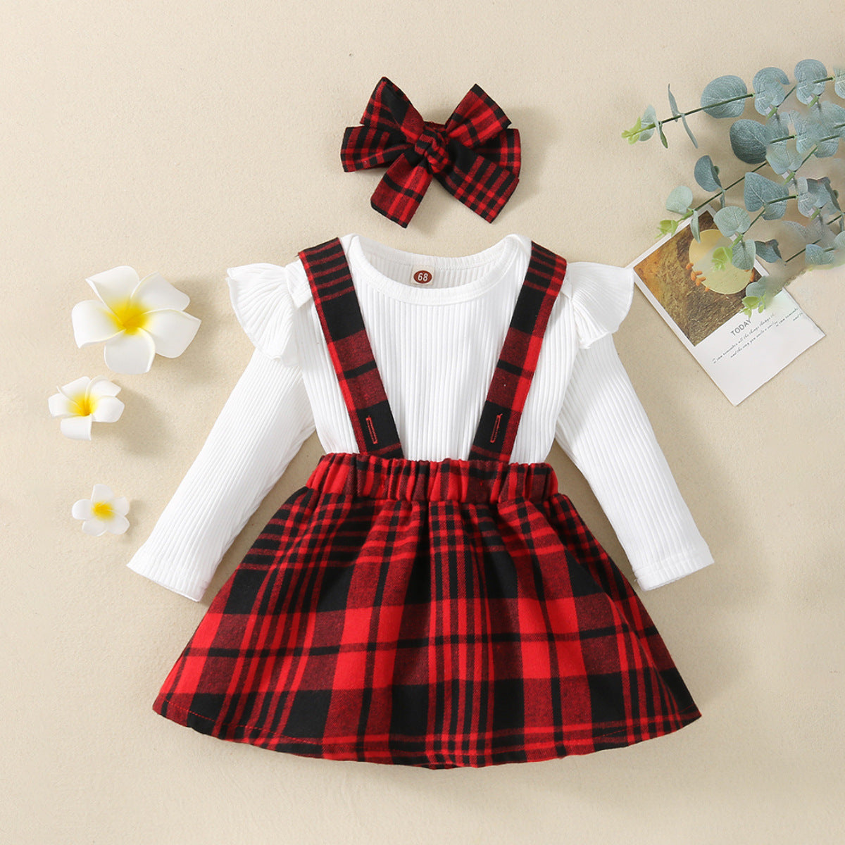 Baby foreign air flying sleeve triangle crawler dress plaid strap skirt baby girl