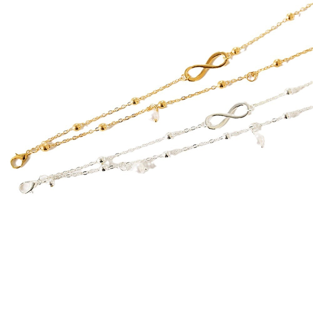 Layered Pearl Infinity Anklet Set - Gold Chain Beach Jewelry