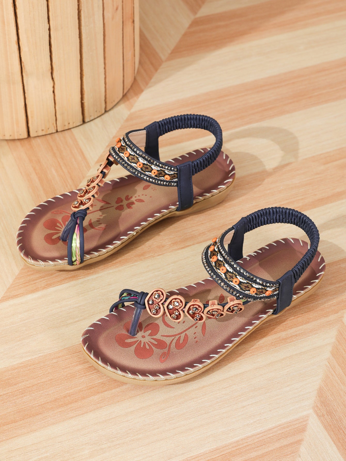 ethnic style women's shoes, summer fashion beach flat sandals, beaded diamond