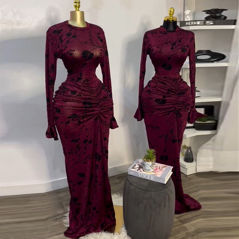 Burgundy Floral Print Long Sleeve Bodycon Dress - Elegant Evening Wear
