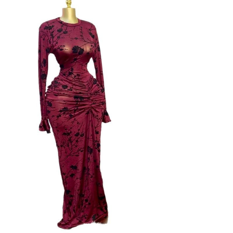 Burgundy Floral Print Long Sleeve Bodycon Dress - Elegant Evening Wear