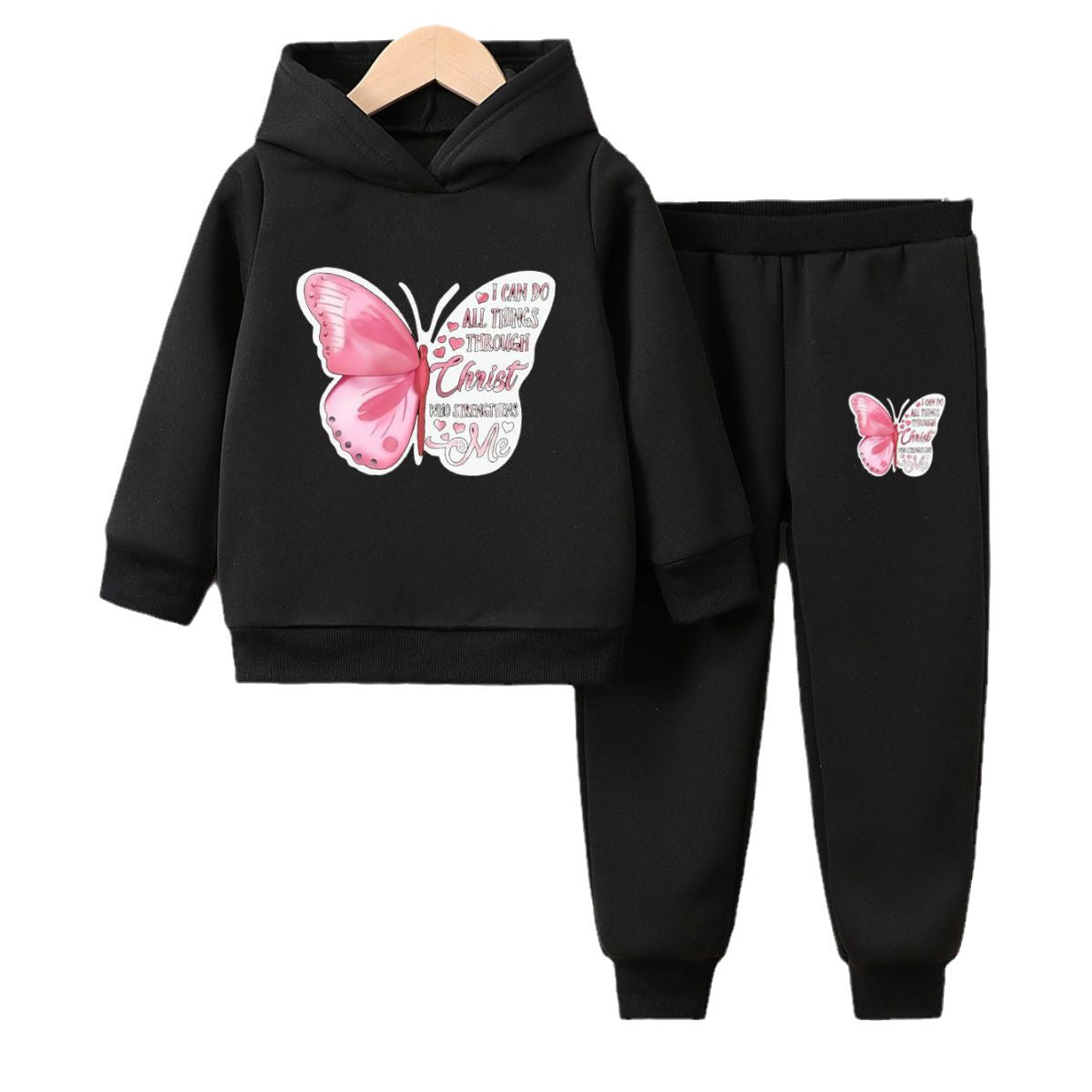 Girls Butterfly Hoodie Set - Inspirational Christian Quote Sweatsuit for Kids