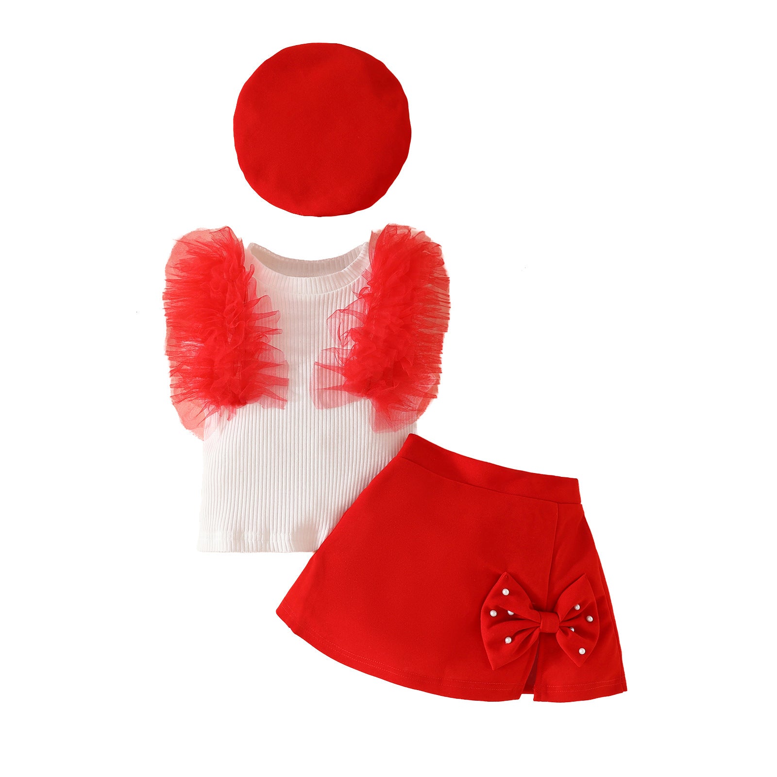 Toddler girls sleeveless mesh pit strip top beret three-piece set